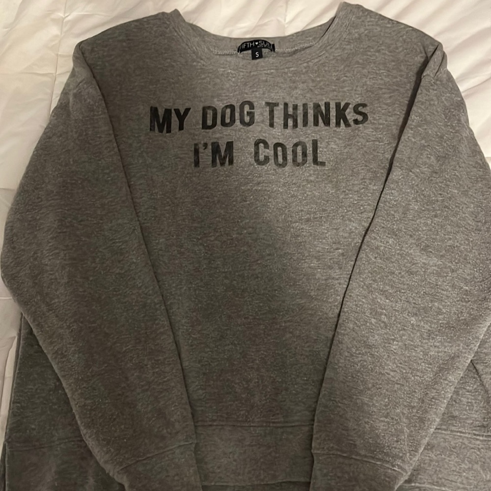 Gray full length sweater, says “My Dog Thinks I’m Cool”